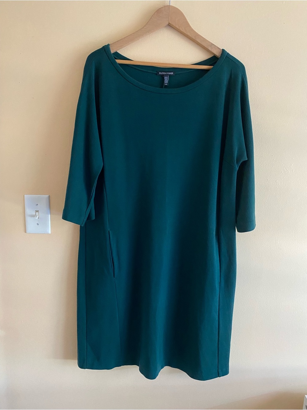 Eileen Fisher Tencel Lyocell Shift Dress Woman Large Teal Pockets 3/4 Sleeve - Picture 2 of 13
